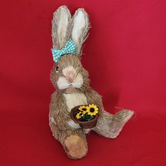 Sisal Bunny Rabbit Holding a Basket of Sunflowers Green Ribbon Decor Figure East - Picture 1 of 13